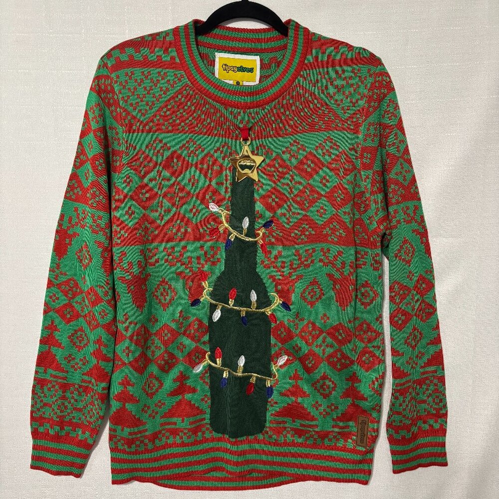 TIPSY ELVES Bottle Opener Ugly Christmas‎ Sweater Men's M Red Green Holiday